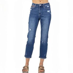 Judy Blue Distressed High Waist Cropped Straight Leg Rainbow Embroidered Jeans